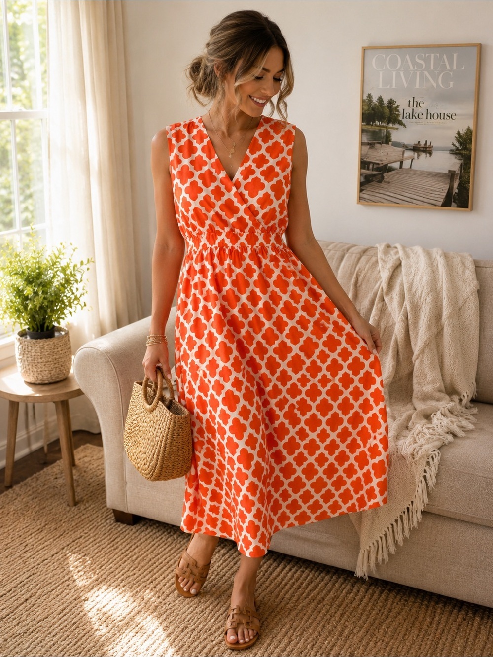 Flirty Pink 3X Orange & White Geometric Print Midi Dress Sleeveless Empire Waist